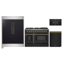 Forno 4-Piece Appliance Package - 48-Inch Gas Range, 60-Inch Convertible Refrigerator with Modern Trim, Dishwasher, and 30-Inch Microwave Drawer in Black with Antique Brass Handle