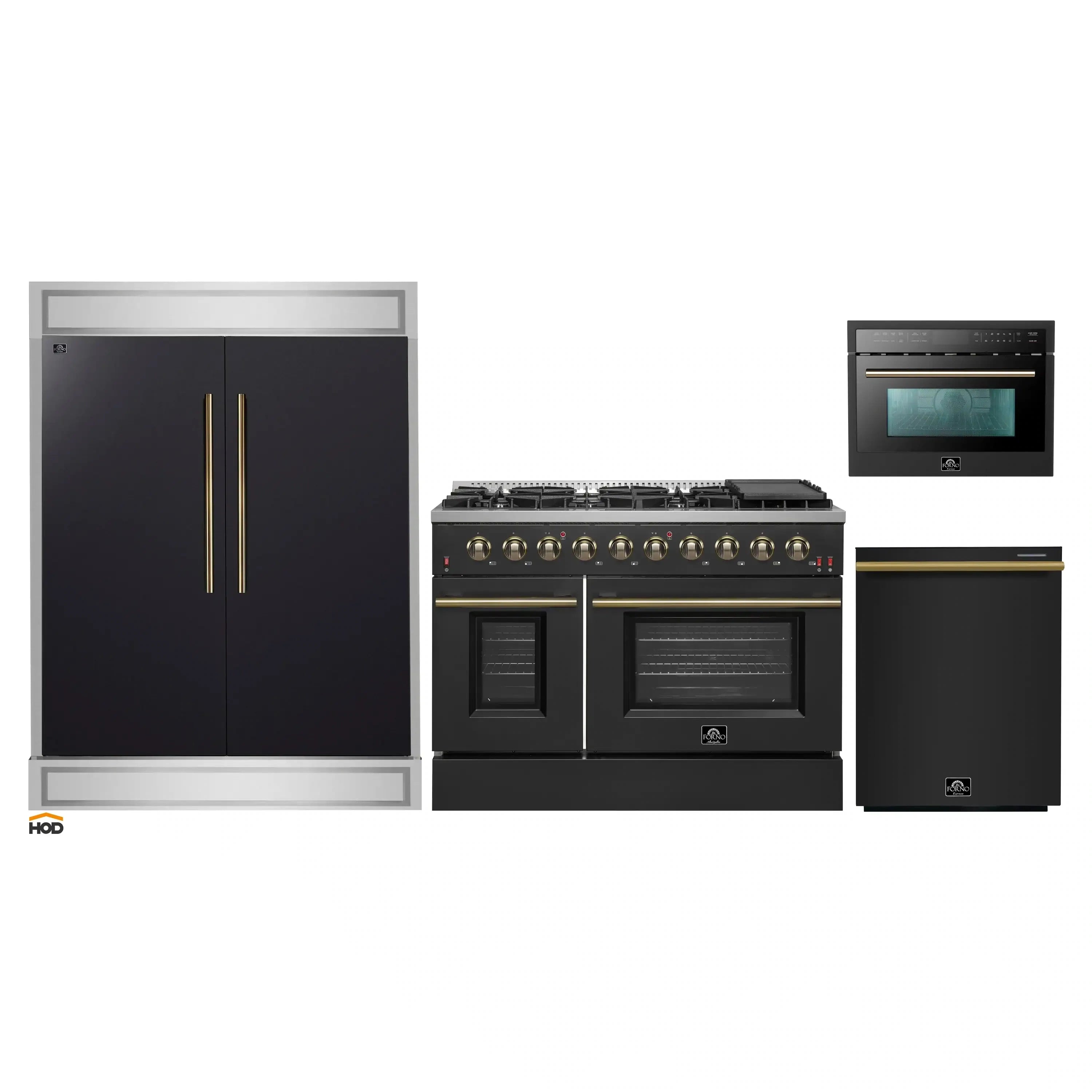 Black 4-piece appliance package with antique brass handles: range, fridge, dishwasher, microwave