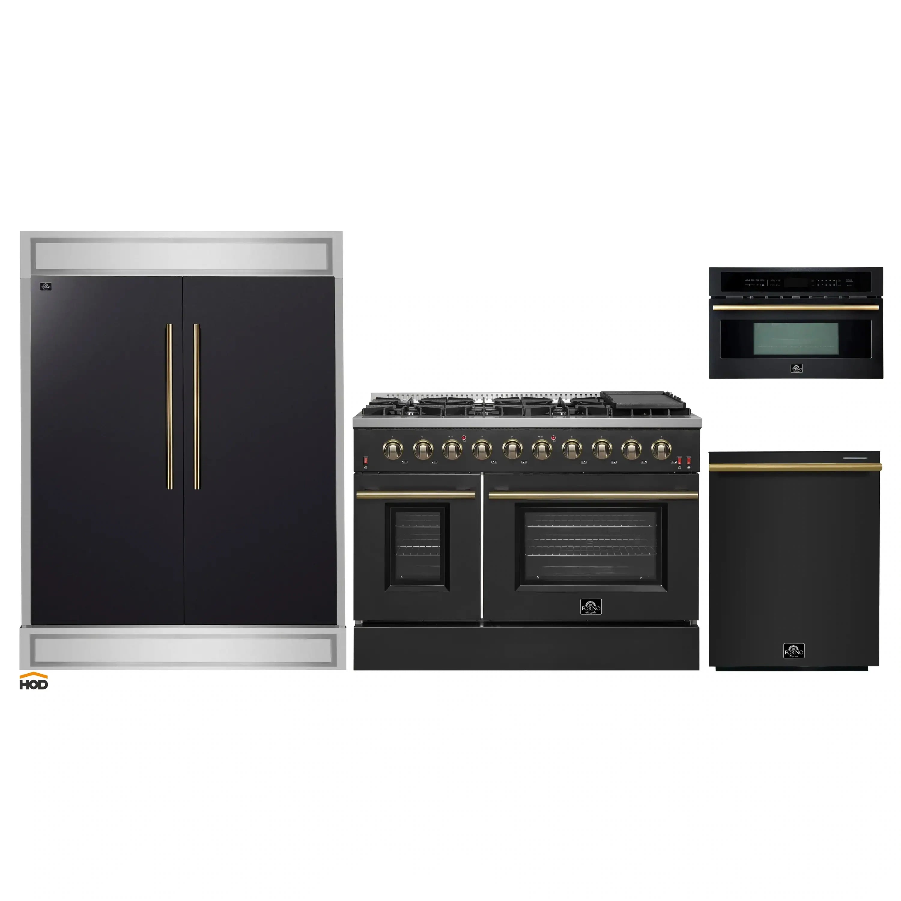Black 4-piece appliance package: range, refrigerator, dishwasher, microwave with brass accents
