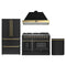 Forno Galiano 4-Piece Appliance Package - 48-Inch Gas Range, 48-Inch Hood, 36-Inch Refrigerator, & 24-Inch Dishwasher in Black with Antique Brass Trim