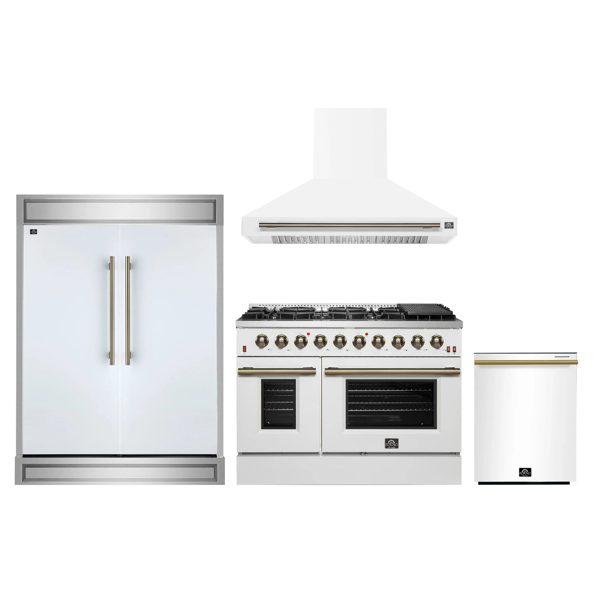 Forno 4-Piece Appliance Package - 48-Inch Gas Range, Wall Mount Range Hood, 60-Inch Built-In Convertible Refrigerator, and Dishwasher in White with Antique Brass Trim