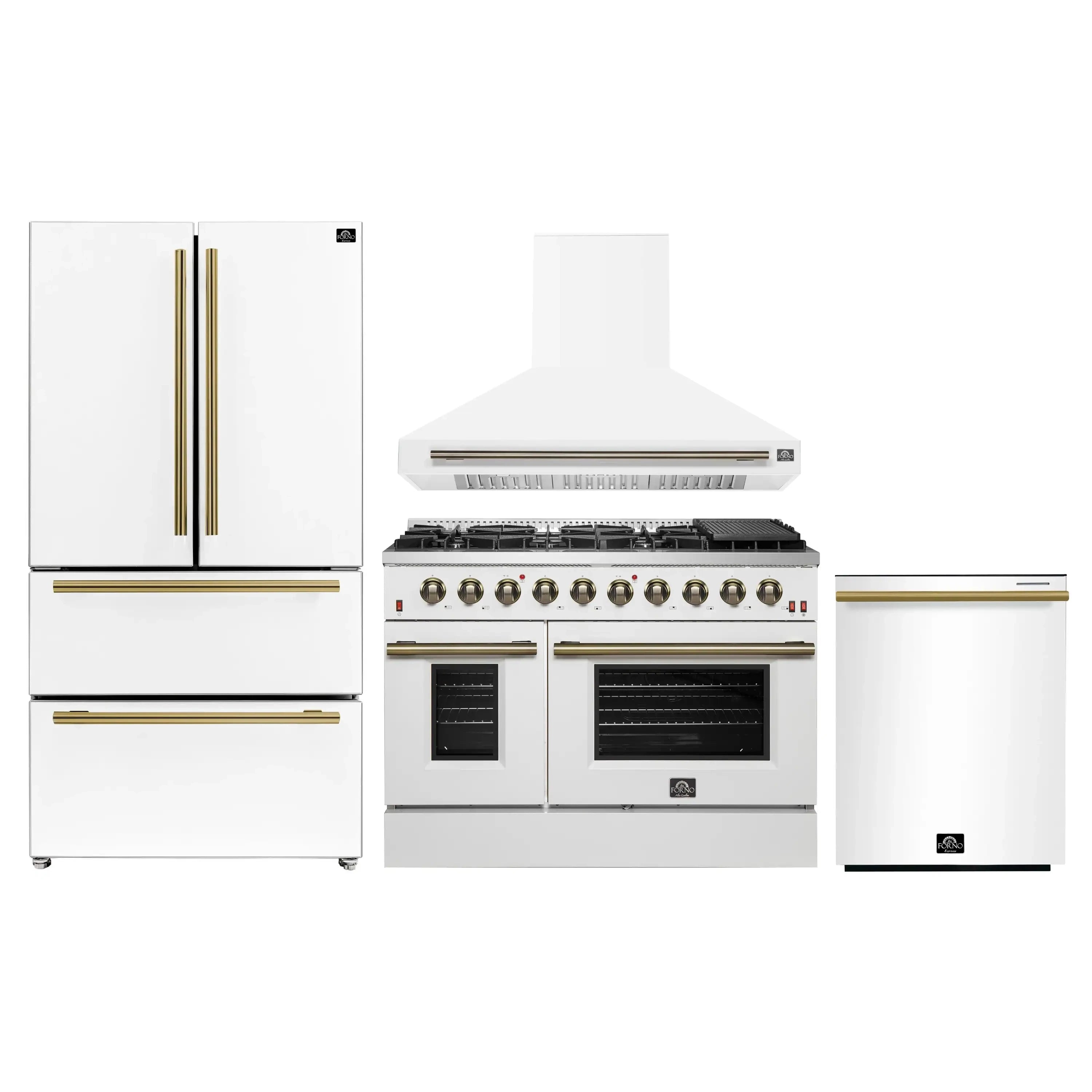 White appliance package with French door refrigerator, gas range, and range hood with brass accents