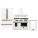 Forno 4-Piece Appliance Package - 48-Inch Gas Range, Wall Mount Range Hood, 36-Inch French Door Refrigerator, and Dishwasher in White with Antique Brass Handle