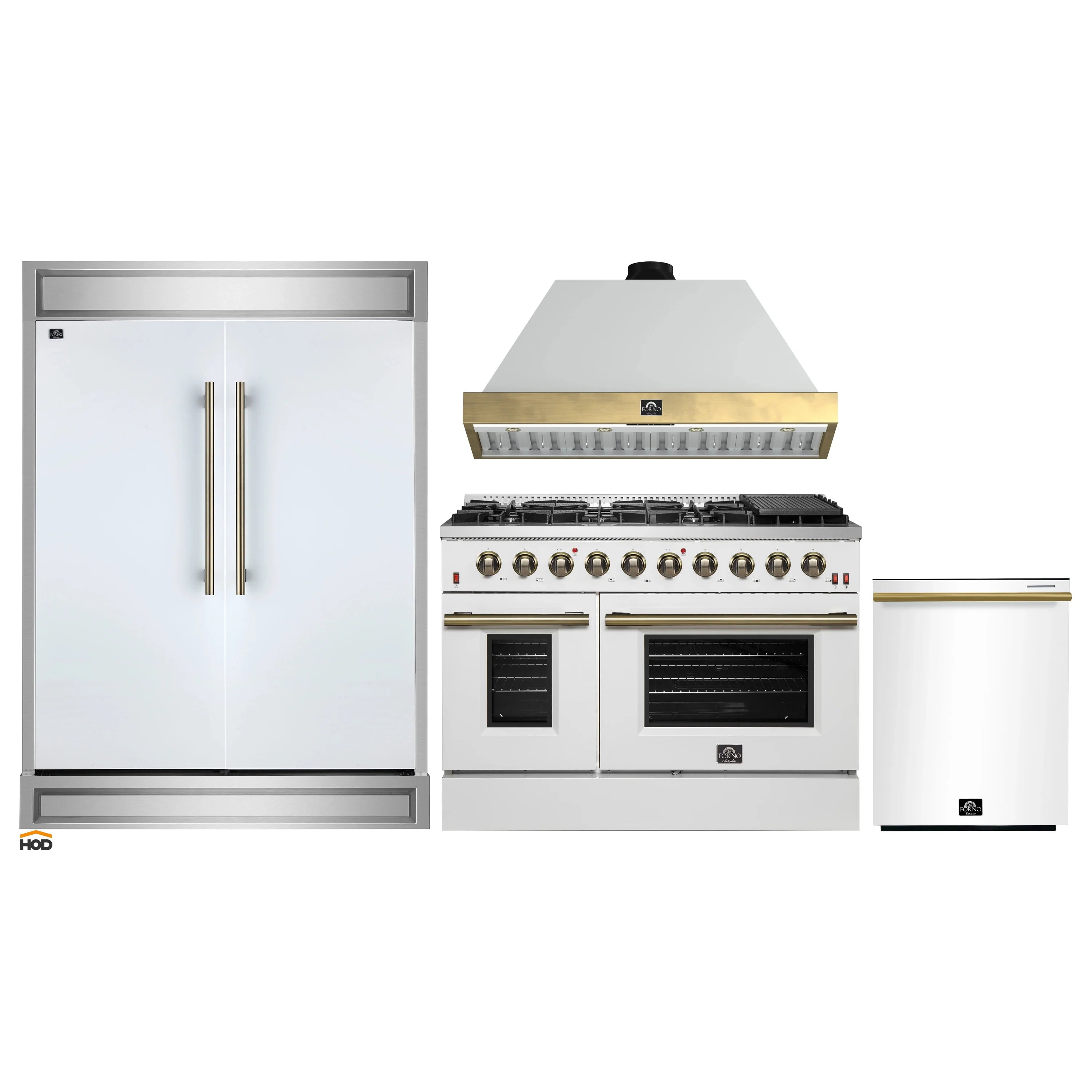 White kitchen appliance package with refrigerator, gas range, range hood, and dishwasher