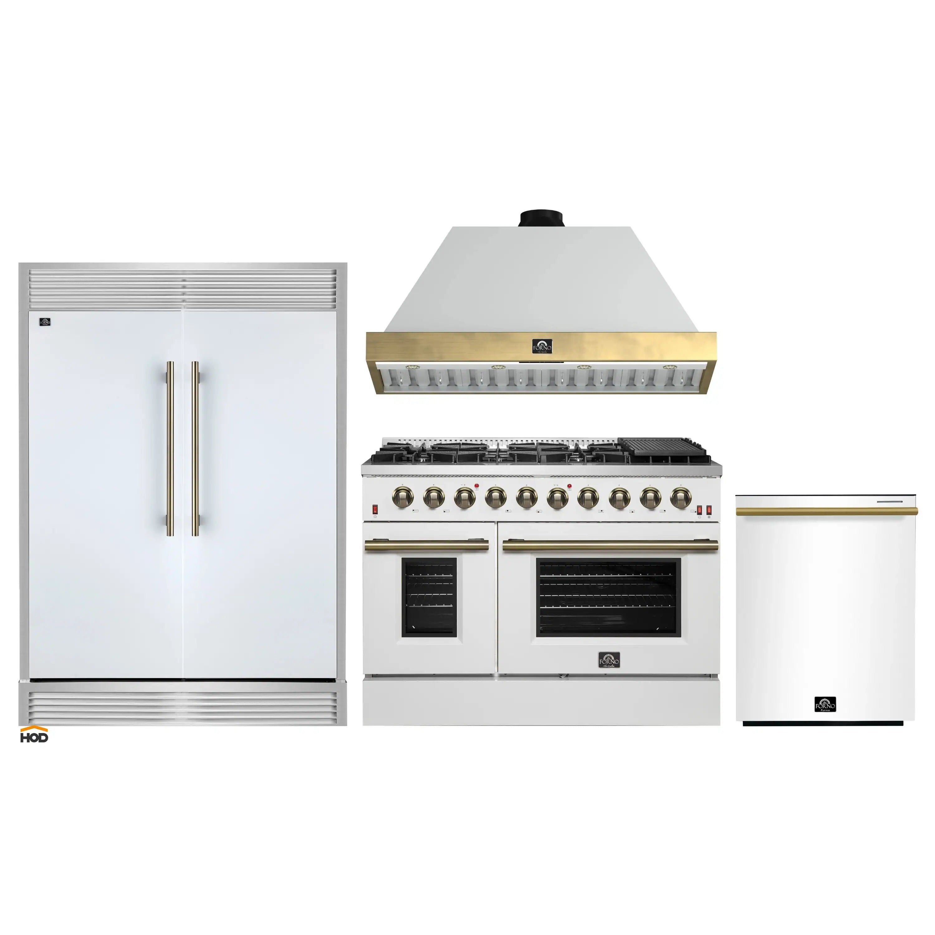 White kitchen appliance package with refrigerator, gas range, and wall hood in brass