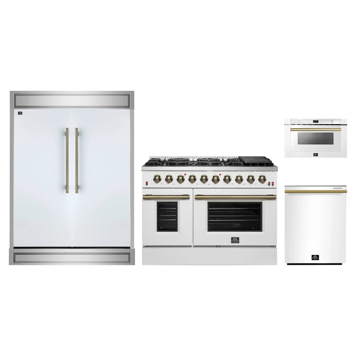 Forno 4-Piece Appliance Package - 48-Inch Gas Range, 60-Inch Refrigerator, Dishwasher, & 24-Inch Microwave Drawer in White with Antique Brass Trim