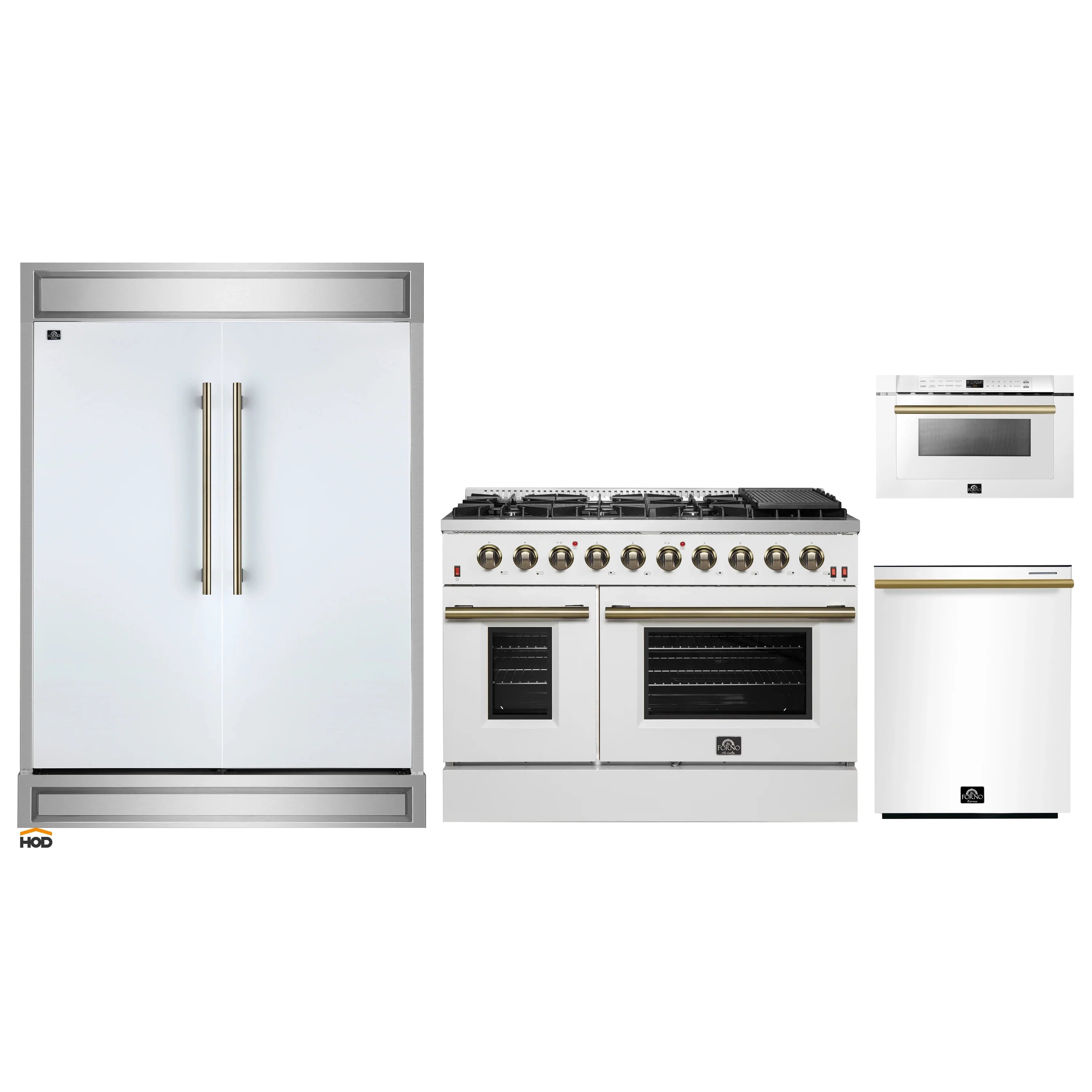 White appliance package with refrigerator door, gas range, and compact dishwasher
