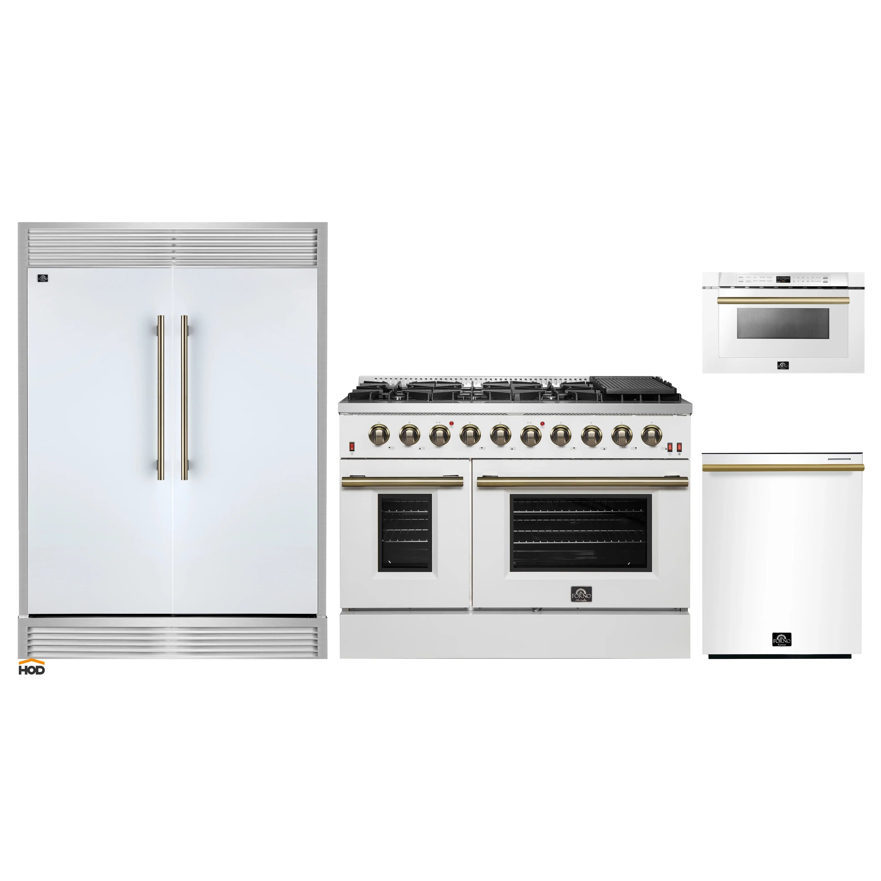 White appliance package with gas range, microwave drawer, refrigerator, and dishwasher lineup