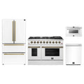 Forno 4-Piece Appliance Package - 48-Inch Gas Range, 36-Inch Refrigerator, 24-Inch Microwave Drawer, & Dishwasher in White with Antique Brass Trim