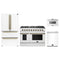 Forno 4-Piece Appliance Package - 48-Inch Gas Range, 36-Inch Refrigerator, 24-Inch Microwave Drawer, & Dishwasher in White with Antique Brass Trim