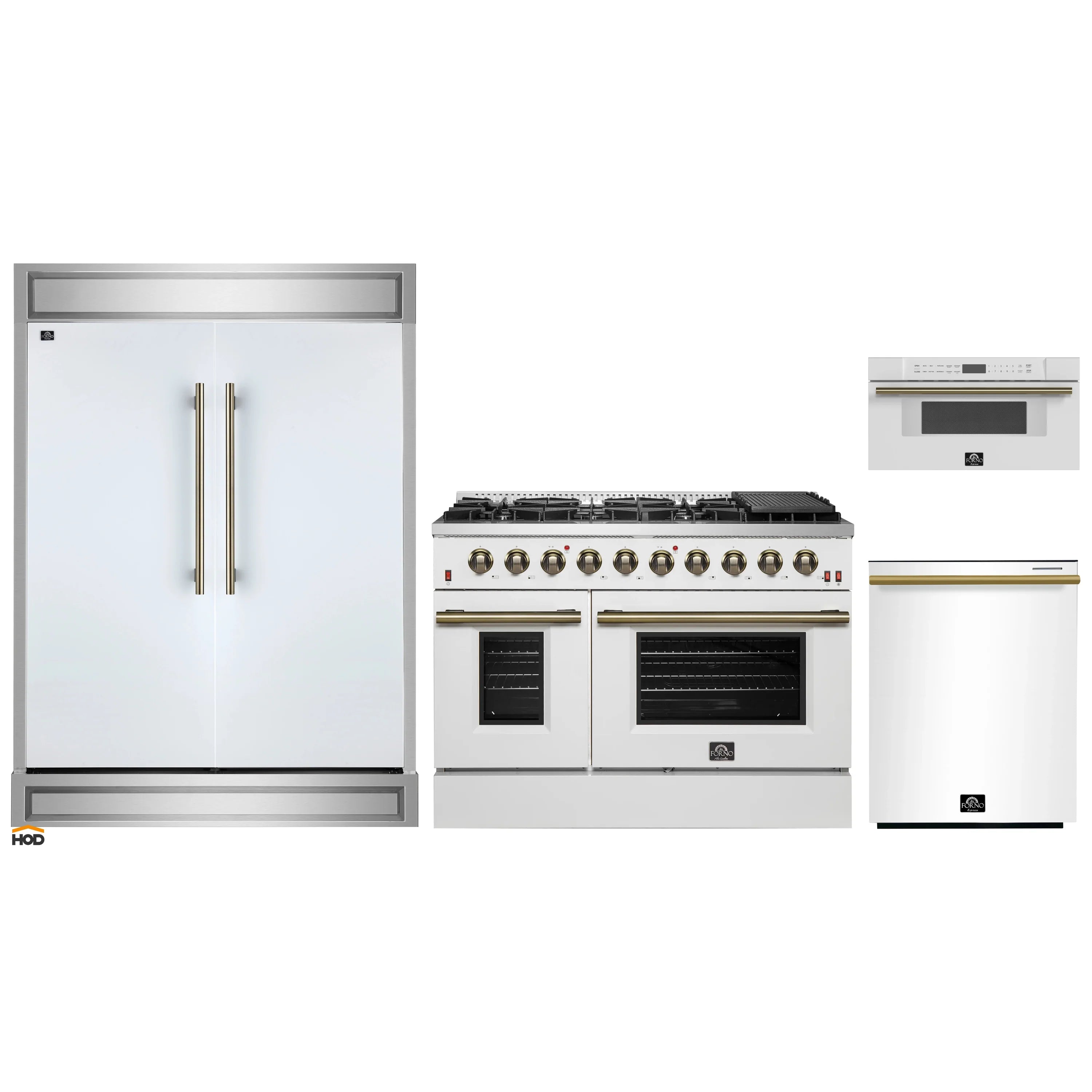 White appliance package showing refrigerator, gas range, and microwave drawer