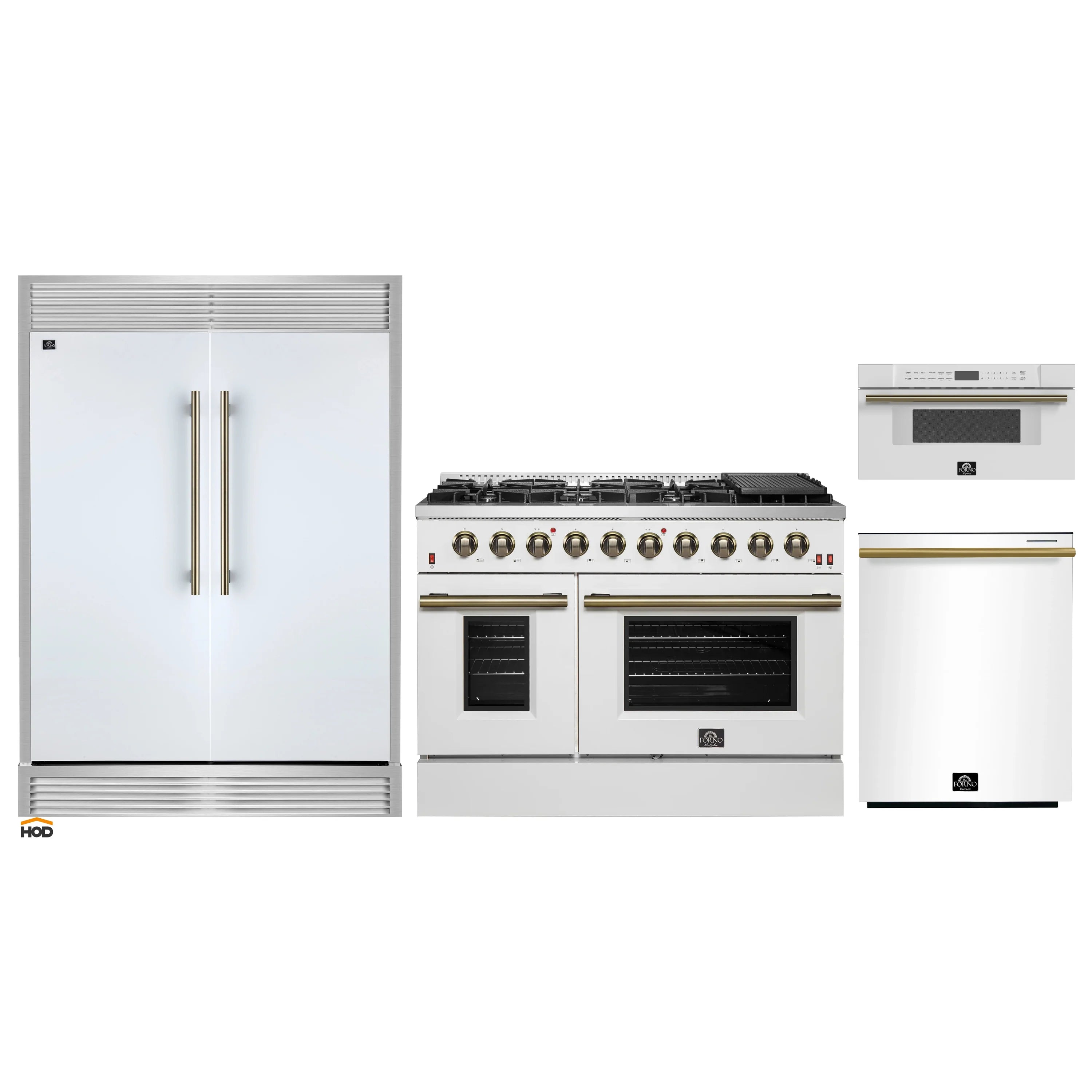 White appliance package featuring gas range, refrigerator, and dishwasher with brass accents