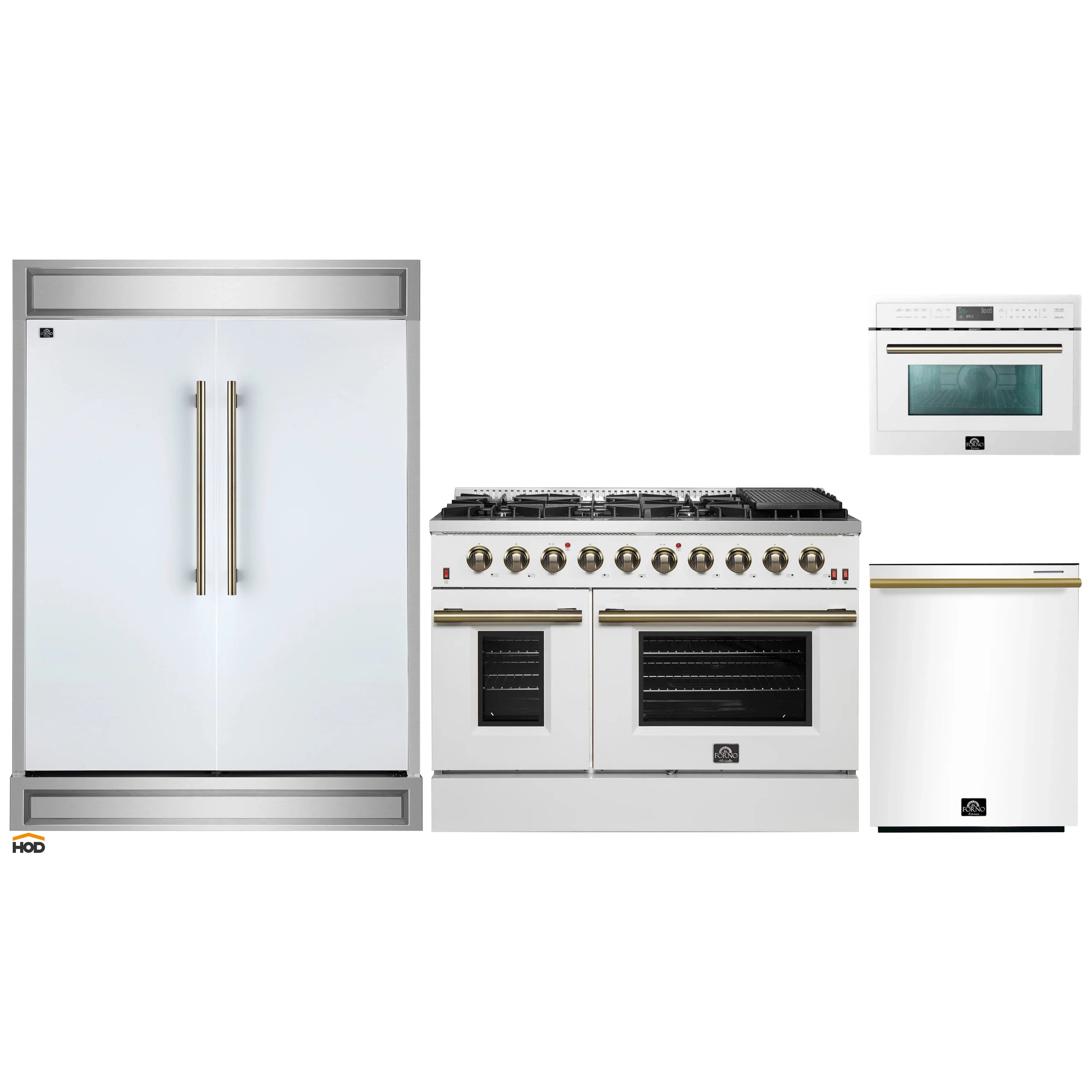 White 4-piece appliance package with antique brass handles: range, fridge, dishwasher, microwave