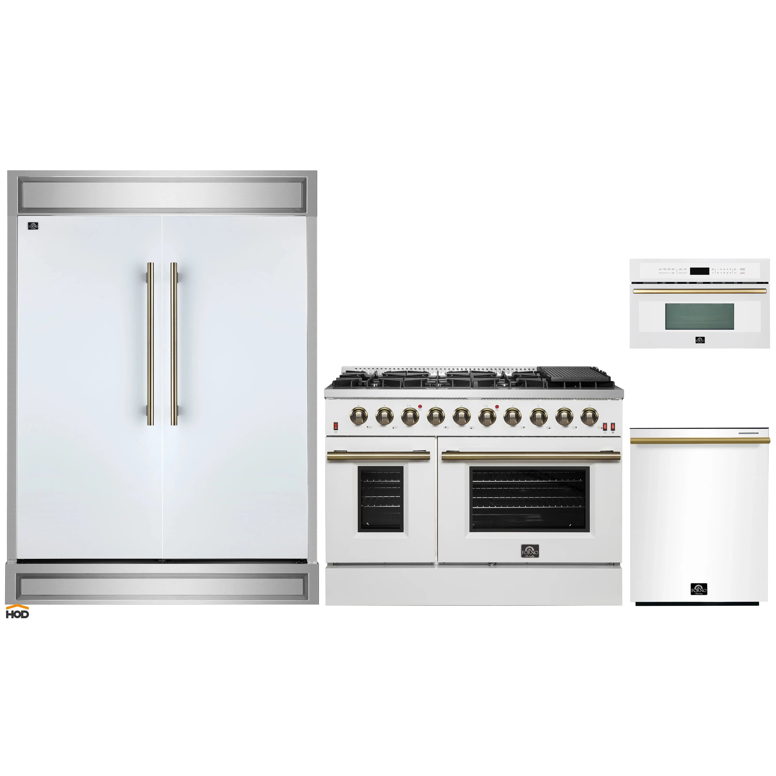 White 4-piece appliance set: refrigerator, gas range, dishwasher, microwave with brass handles