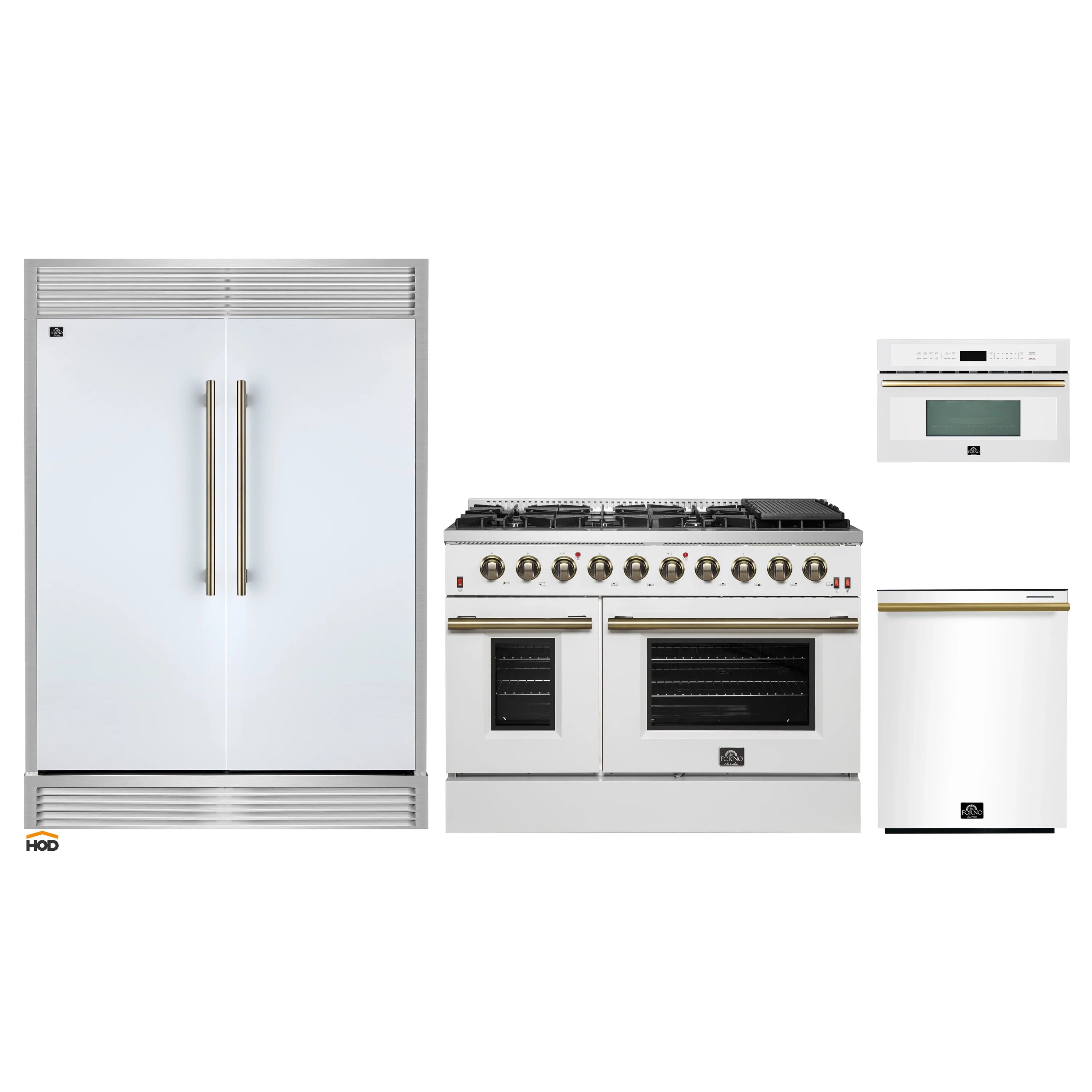 White kitchen appliance package featuring a gas range, refrigerator, dishwasher, and microwave