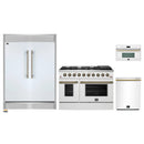 Forno 4-Piece Appliance Package - 48-Inch Gas Range, 60-Inch Refrigerator, Dishwasher, & 30-Inch Microwave Oven in White with Antique Brass Handle