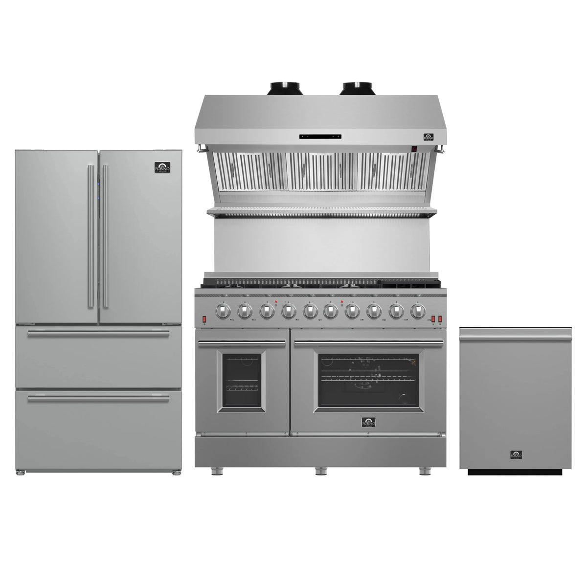 Forno 4-Piece Appliance Package - 48-Inch Gas Range, Refrigerator, Wall Mount Hood with Backsplash, & 3-Rack Dishwasher in Stainless Steel