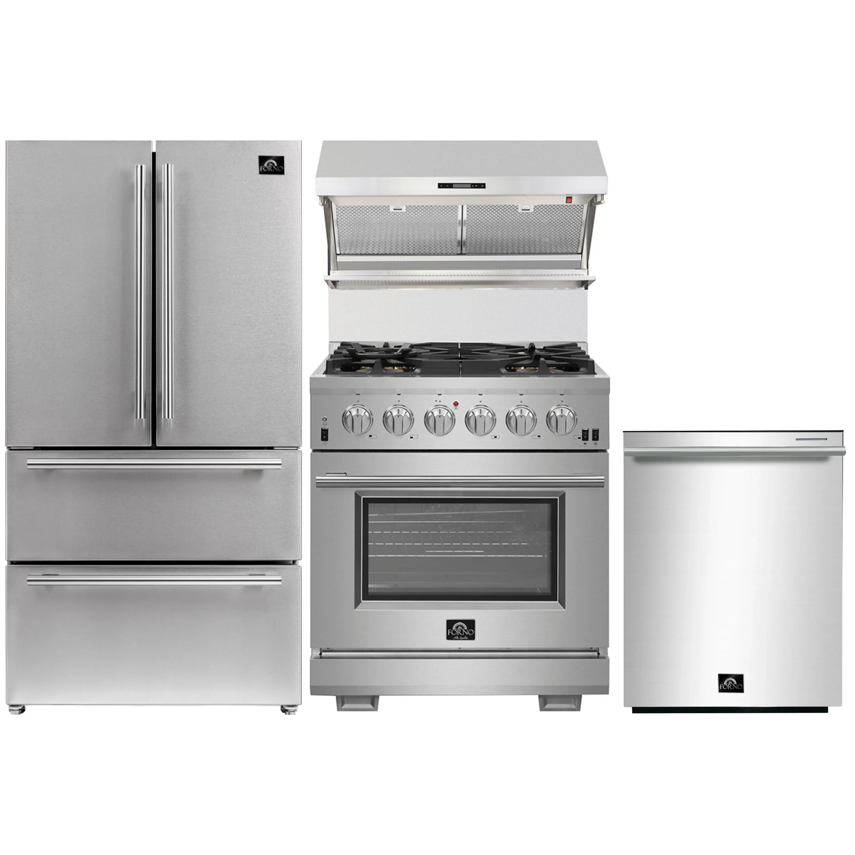 Stainless kitchen appliance set with gas range, refrigerator, and dishwasher