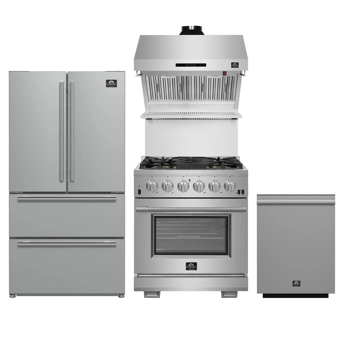Forno 4-Piece Pro Appliance Package - 30-Inch Gas Range, French Door Refrigerator, Wall Mount Hood with Backsplash, and Dishwasher in Stainless Steel