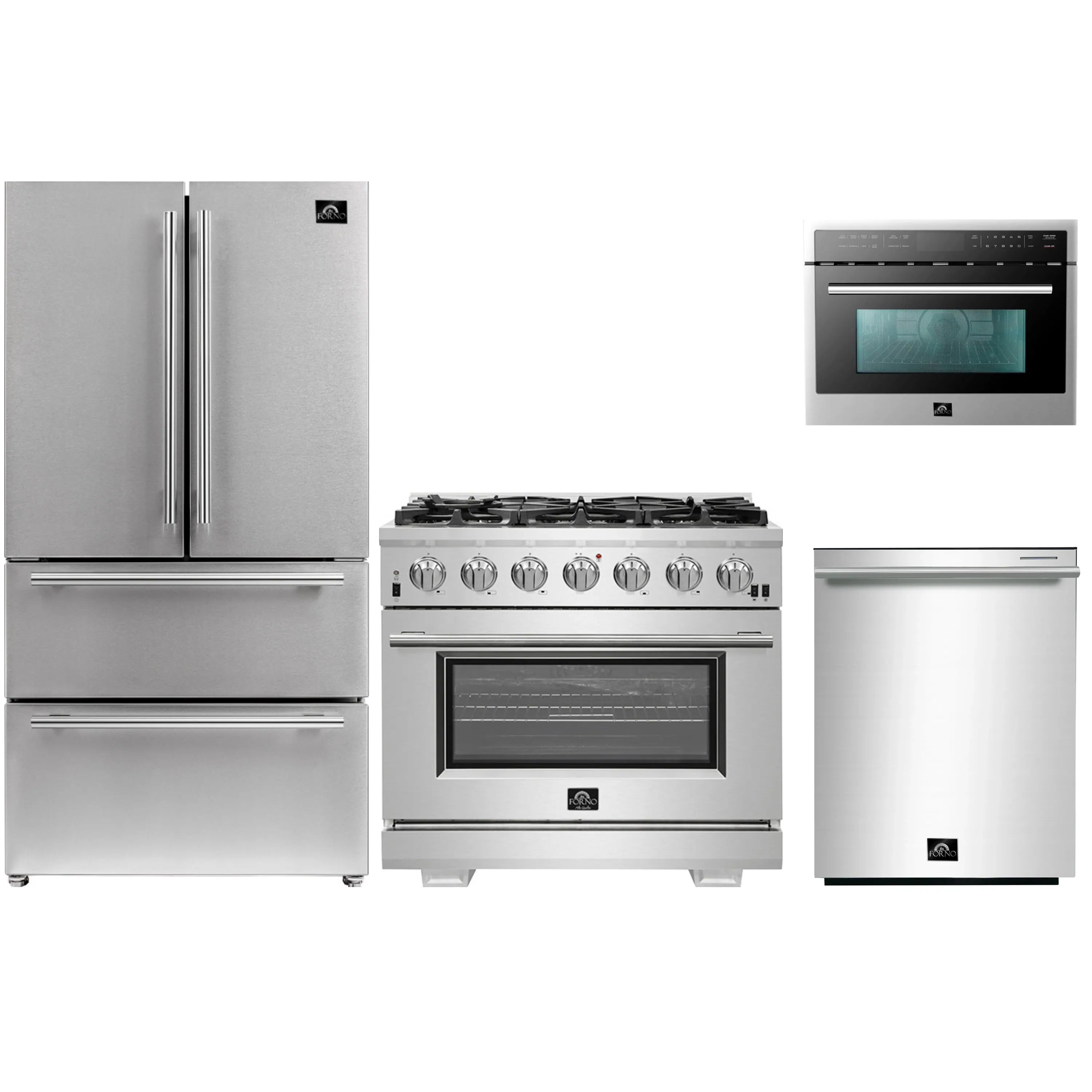 Stainless steel kitchen appliance package: refrigerator, gas range, microwave, dishwasher