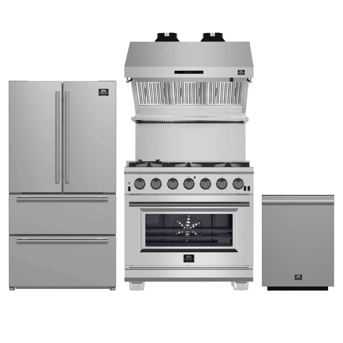 Forno 4-Piece Pro Appliance Package - 36-Inch Gas Range, Wall Mount Hood with Backsplash, 36-Inch French Door Refrigerator, and Dishwasher in Stainless Steel