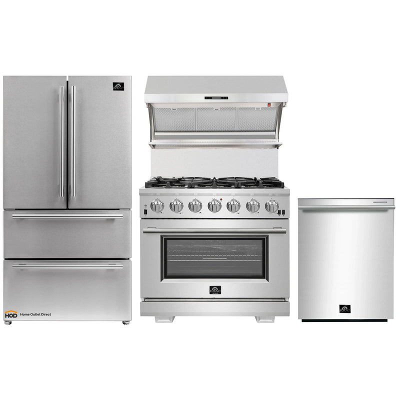 Forno 4-Piece Pro Appliance Package - 36-Inch Gas Range, Wall Mount Hood with Backsplash, 36-Inch French Door Refrigerator, and Dishwasher in Stainless Steel