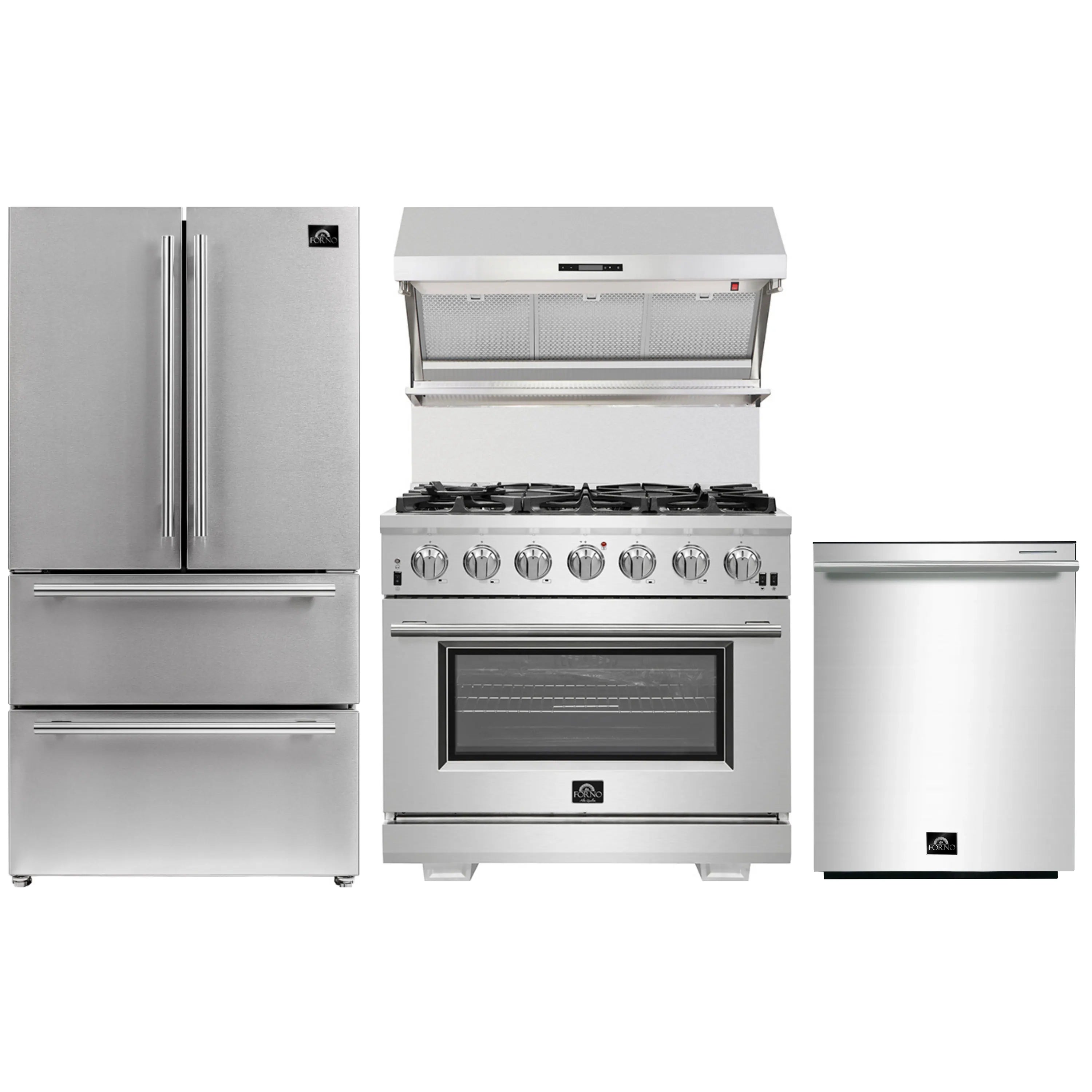 Stainless steel appliance package featuring gas range, refrigerator, dishwasher, and hood