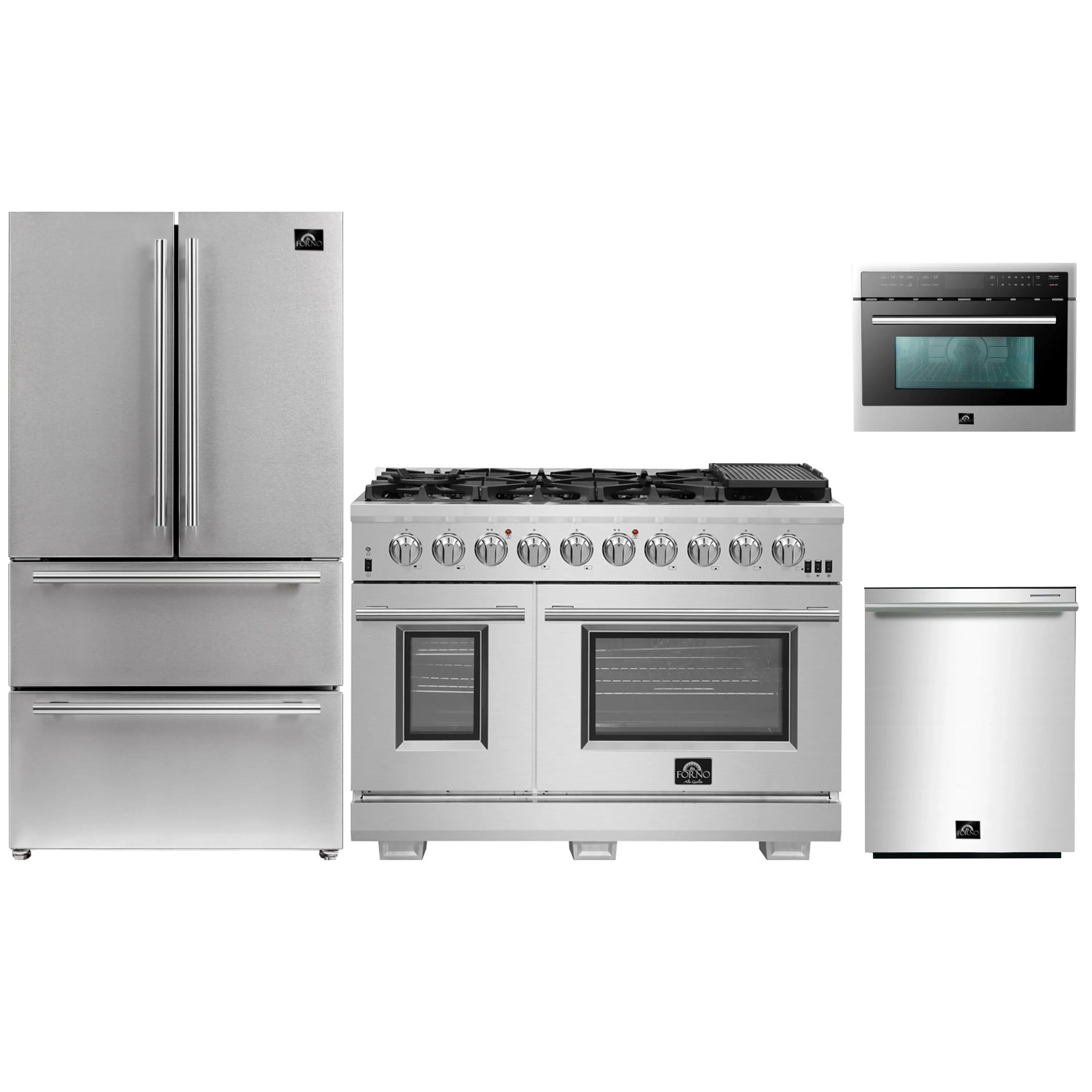 4-piece stainless kitchen appliance set: gas range, refrigerator, microwave, dishwasher