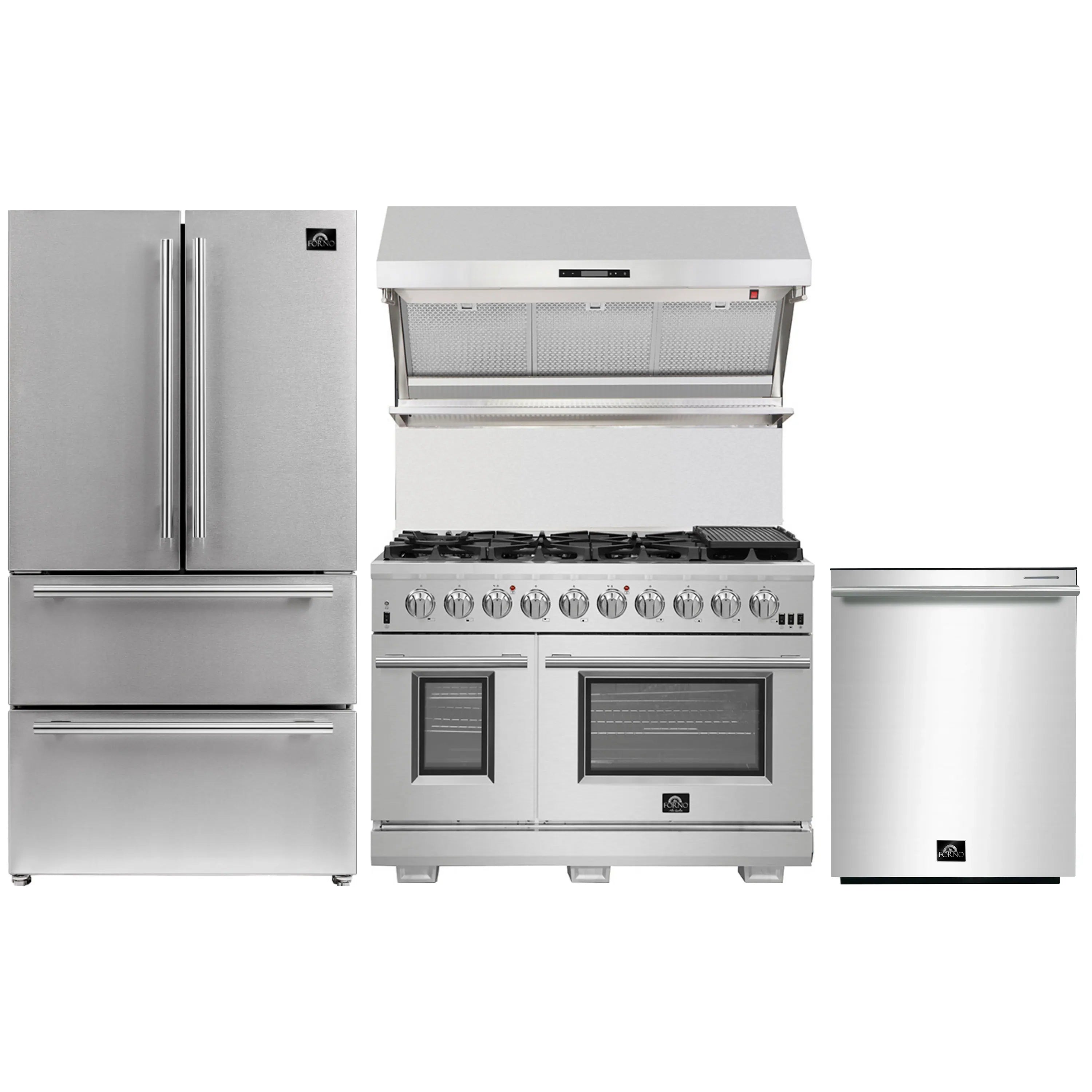 Stainless steel appliance set with French door refrigerator, gas range, hood, and dishwasher.