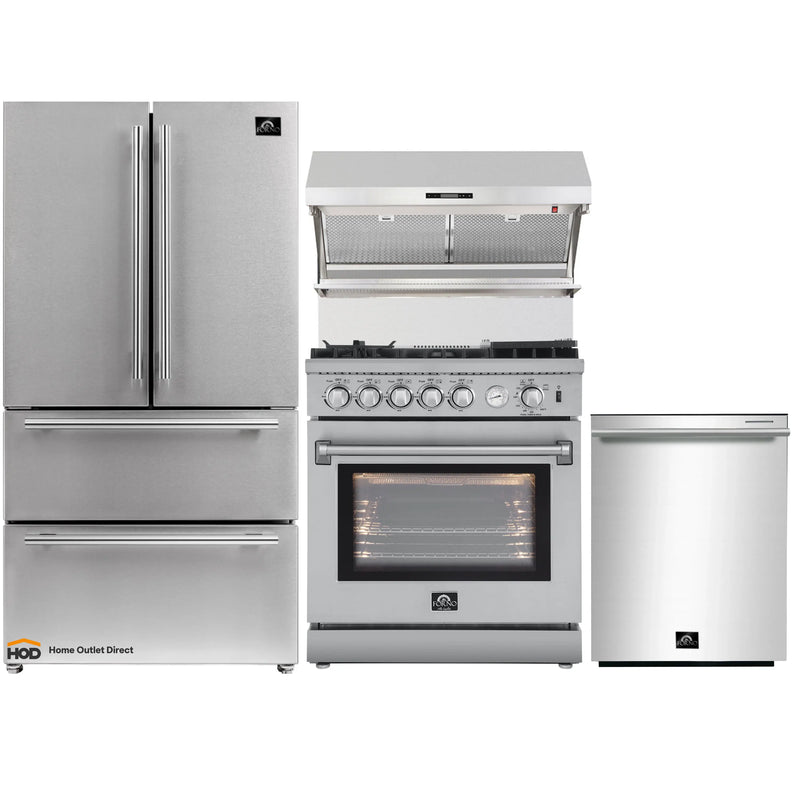 Forno 4-Piece Appliance Package - 30-Inch Gas Range with Air Fryer, Refrigerator, Wall Mount Hood with Backsplash, & 3-Rack Dishwasher in Stainless Steel