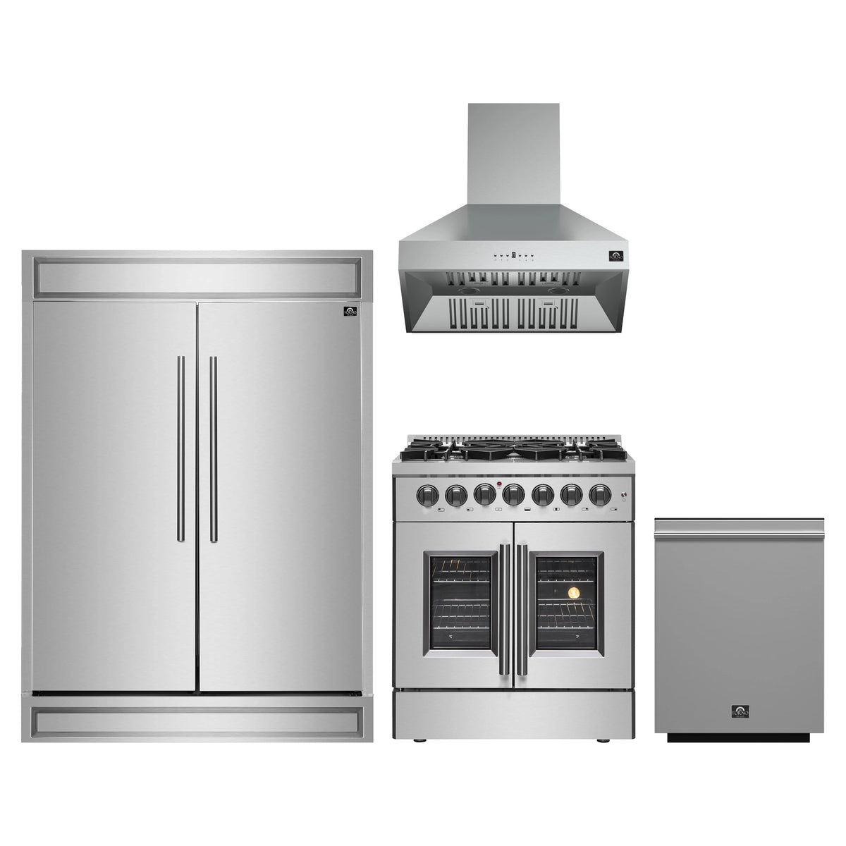 Forno 4-Piece Appliance Package - 30-Inch Galiano French Door Dual Fuel Range, Wall Mount Range Hood, 60-Inch Refrigerator, and Dishwasher in Stainless Steel