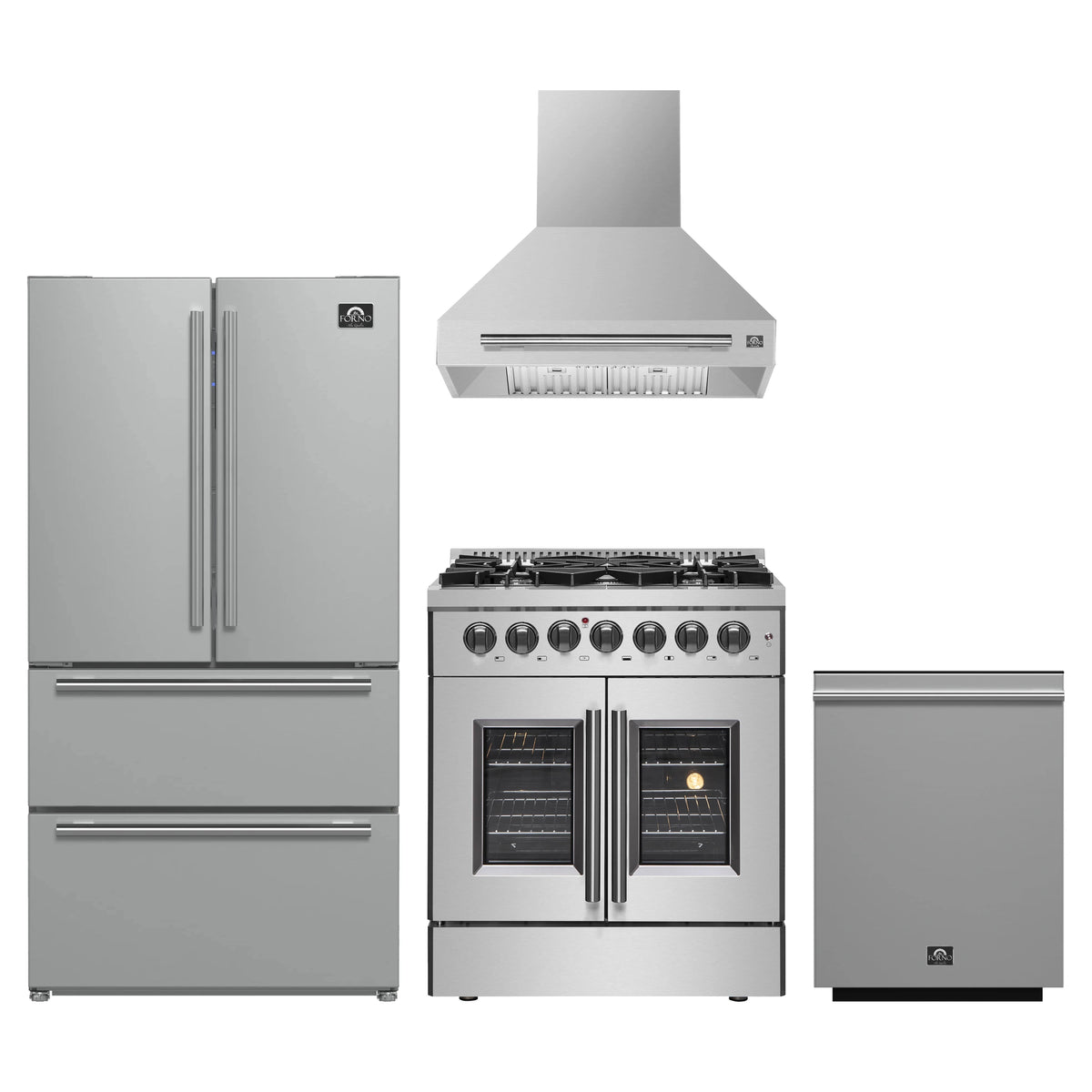 Forno 4-Piece Appliance Package - 30-Inch Galiano French Door Dual Fuel Range, Wall Mount Range Hood, 36-Inch Refrigerator, and Dishwasher in Stainless Steel