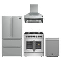 Forno 4-Piece Appliance Package - 30-Inch Galiano French Door Dual Fuel Range, Wall Mount Range Hood, 36-Inch Refrigerator, and Dishwasher in Stainless Steel