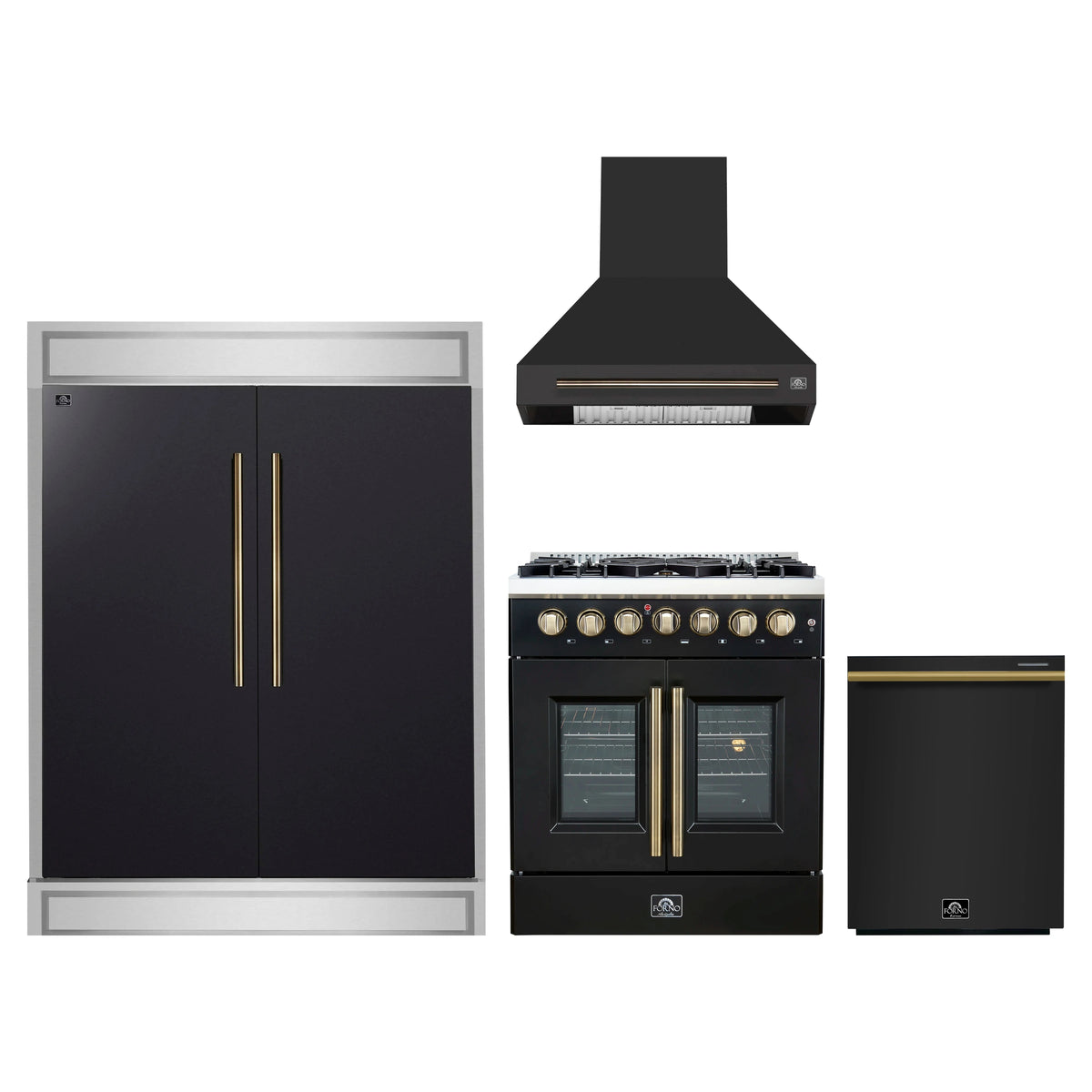 Forno 4-Piece Appliance Package - 30-Inch Galiano French Door Dual Fuel Range, Wall Mount Range Hood, 60-Inch Refrigerator, and Dishwasher in Black with Antique Brass Trim