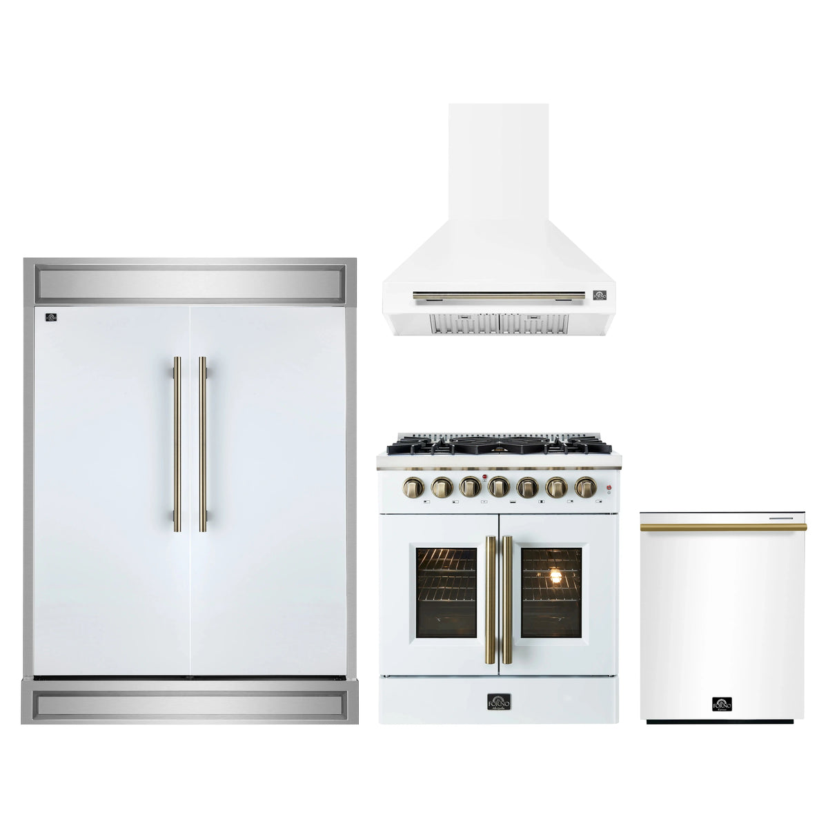 Forno 4-Piece Appliance Package - 30-Inch Galiano French Door Dual Fuel Range, Wall Mount Range Hood, 60-Inch Refrigerator, and Dishwasher in White with Antique Brass Trim