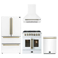 Forno 4-Piece Appliance Package - 30-Inch Galiano French Door Dual Fuel Range, Wall Mount Range Hood, 36-Inch Refrigerator, and Dishwasher in White with Antique Brass Trim