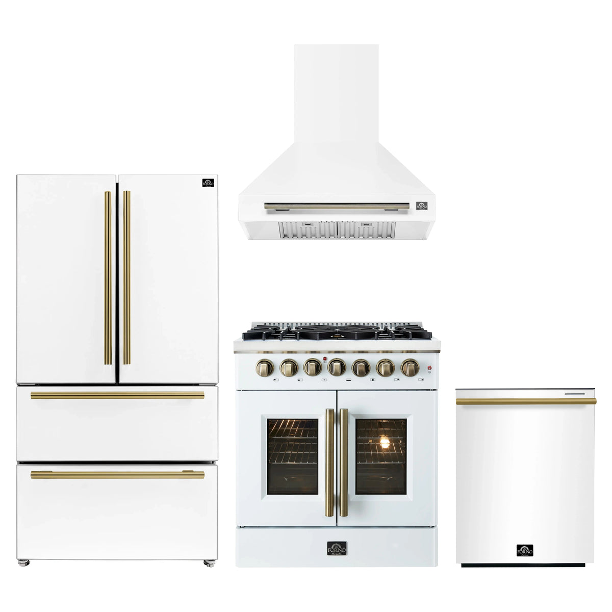 Forno 4-Piece Appliance Package - 30-Inch Galiano French Door Dual Fuel Range, Wall Mount Range Hood, 36-Inch Refrigerator, and Dishwasher in White with Antique Brass Trim