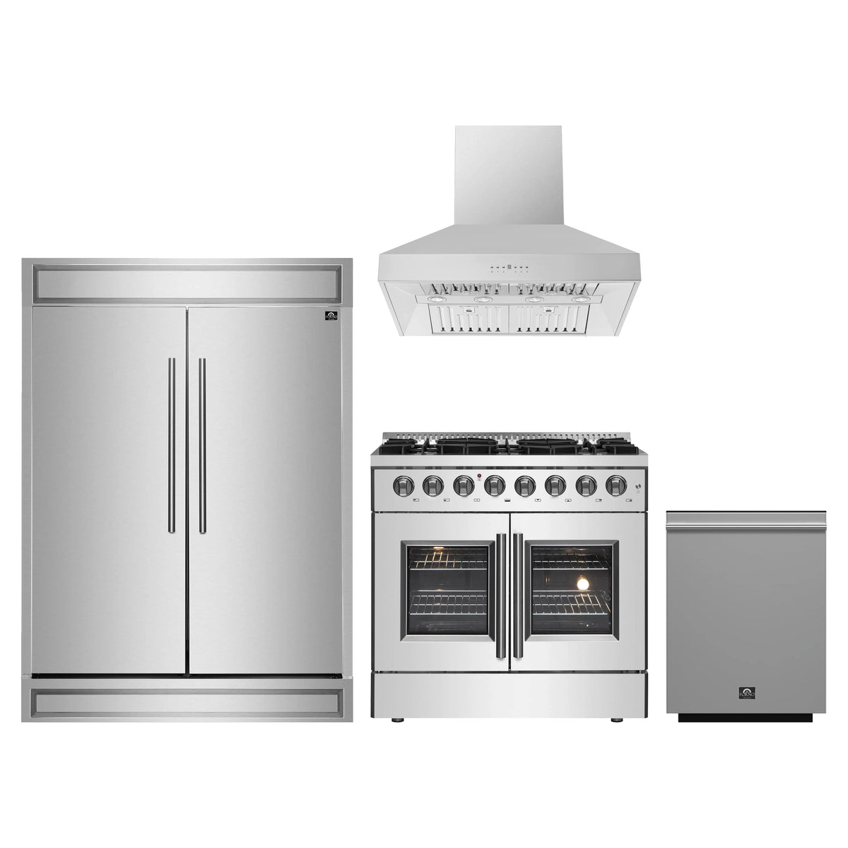 Forno 4-Piece Appliance Package - 36-Inch Galiano French Door Dual Fuel Range, Wall Mount Range Hood, 60-Inch Refrigerator, and Dishwasher in Stainless Steel