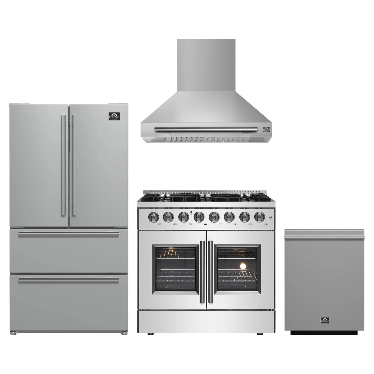 Forno 4-Piece Appliance Package - 36-Inch Galiano French Door Dual Fuel Range, Wall Mount Range Hood, 36-Inch Refrigerator, and Dishwasher in Stainless Steel