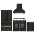 Forno 4-Piece Appliance Package - 36-Inch Galiano French Door Dual Fuel Range, Wall Mount Range Hood, 36-Inch Refrigerator, and Dishwasher in Black with Antique Brass Trim