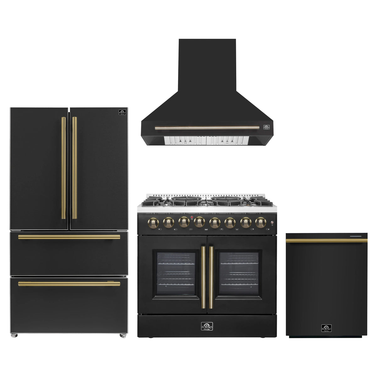 Forno 4-Piece Appliance Package - 36-Inch Galiano French Door Dual Fuel Range, Wall Mount Range Hood, 36-Inch Refrigerator, and Dishwasher in Black with Antique Brass Trim