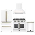 Forno 4-Piece Appliance Package - 36-Inch Galiano French Door Dual Fuel Range, Wall Mount Range Hood, 36-Inch Refrigerator, and Dishwasher in White with Antique Brass Trim