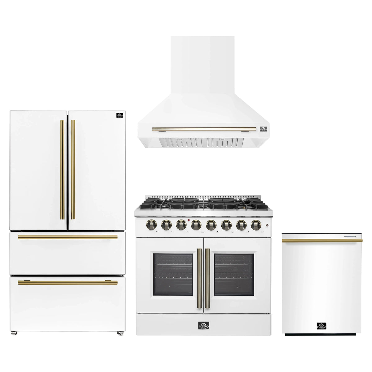 Forno 4-Piece Appliance Package - 36-Inch Galiano French Door Dual Fuel Range, Wall Mount Range Hood, 36-Inch Refrigerator, and Dishwasher in White with Antique Brass Trim