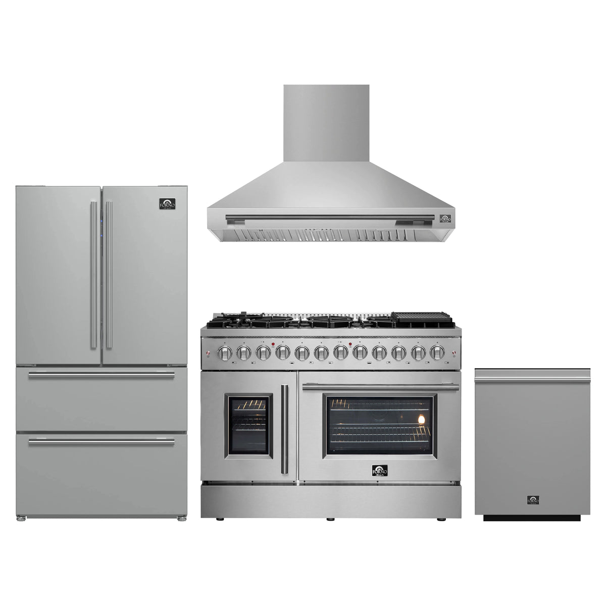 Forno 4-Piece Appliance Package - 48-Inch Galiano French Door Dual Fuel Range, Wall Mount Range Hood, 36-Inch Refrigerator, and Dishwasher in Stainless Steel