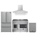 Forno 4-Piece Appliance Package - 48-Inch Galiano French Door Dual Fuel Range, Wall Mount Range Hood, 36-Inch Refrigerator, and Dishwasher in Stainless Steel
