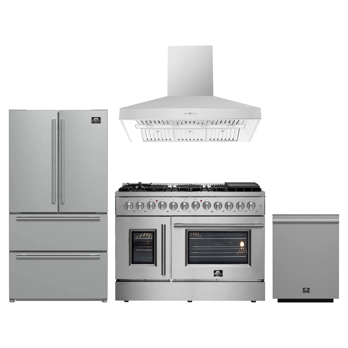 Forno 4-Piece Appliance Package - 48-Inch Galiano French Door Dual Fuel Range, Wall Mount Range Hood, 36-Inch Refrigerator, and Dishwasher in Stainless Steel