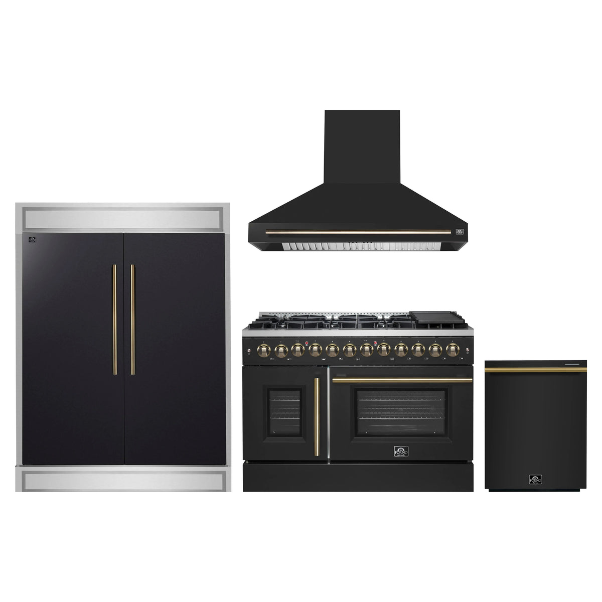 Forno 4-Piece Appliance Package - 48-Inch Galiano French Door Dual Fuel Range, Wall Mount Range Hood, 60-Inch Refrigerator, and Dishwasher in Black with Antique Brass Trim