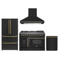 Forno 4-Piece Appliance Package - 48-Inch Galiano French Door Dual Fuel Range, Wall Mount Range Hood, 36-Inch Refrigerator, and Dishwasher in Black with Antique Brass Trim