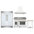 Forno 4-Piece Appliance Package - 48-Inch Galiano French Door Dual Fuel Range, Wall Mount Range Hood, 60-Inch Refrigerator, and Dishwasher in White with Antique Brass Trim