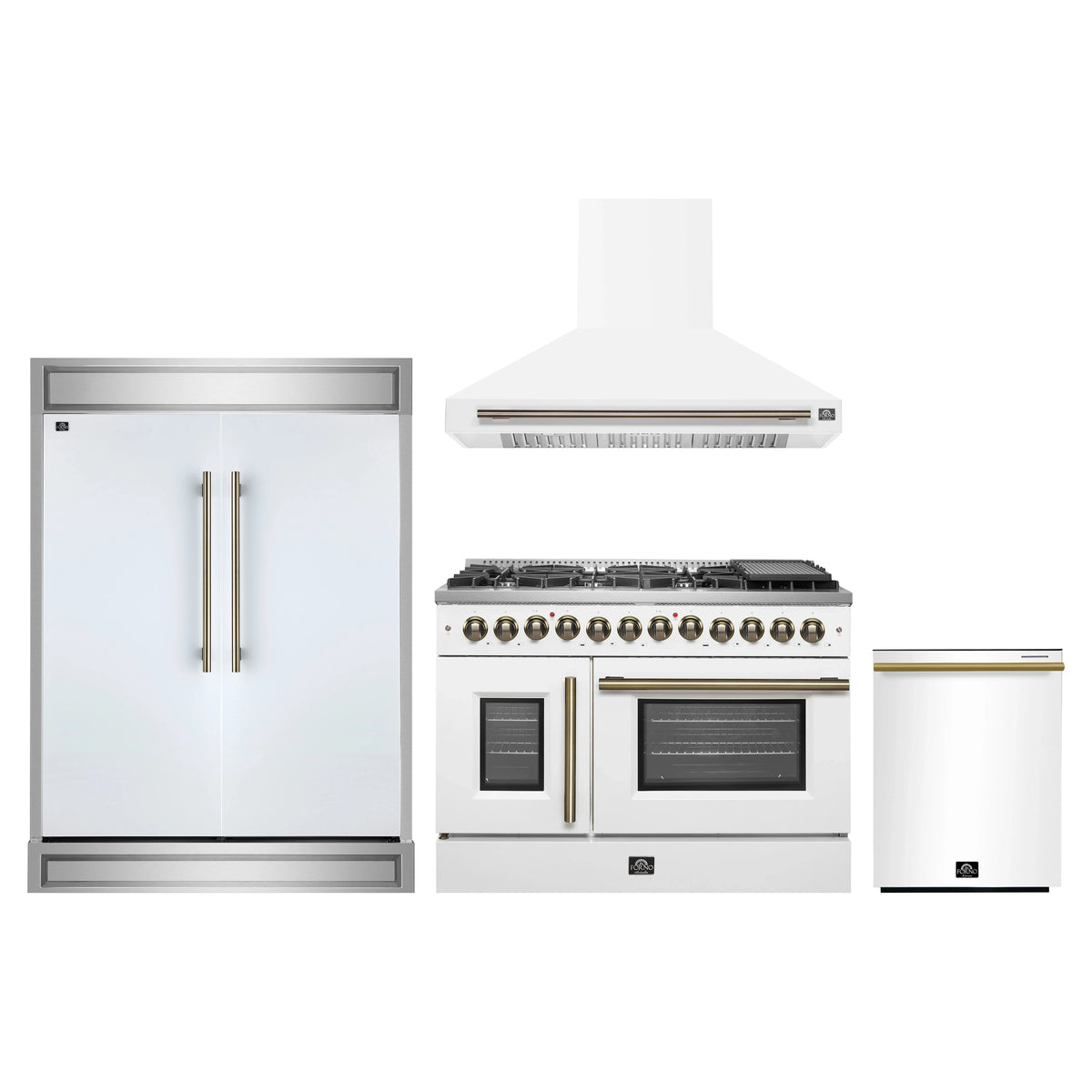 Forno 4-Piece Appliance Package - 48-Inch Galiano French Door Dual Fuel Range, Wall Mount Range Hood, 60-Inch Refrigerator, and Dishwasher in White with Antique Brass Trim